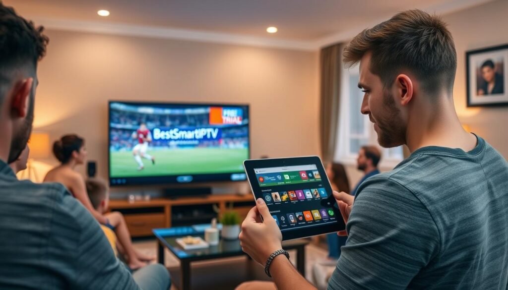 A cozy living room with a group of people watching a football match on a large Smart TV. The TV screen displays the "BestSmartIPTV" logo, suggesting a free trial offer. In the foreground, a young man holds a tablet, browsing through IPTV apps. The room is well-lit, with warm, inviting lighting that creates a comfortable, relaxed atmosphere. The scene captures the experience of an American expat in the UK enjoying a free IPTV trial. A cozy living room with a group of people watching a football match on a large Smart TV. The TV screen displays the "BestSmartIPTV" logo, suggesting a free trial offer. In the foreground, a young man holds a tablet, browsing through IPTV apps. The room is well-lit, with warm, inviting lighting that creates a comfortable, relaxed atmosphere. The scene captures the experience of an American expat in the UK enjoying a free IPTV trial.