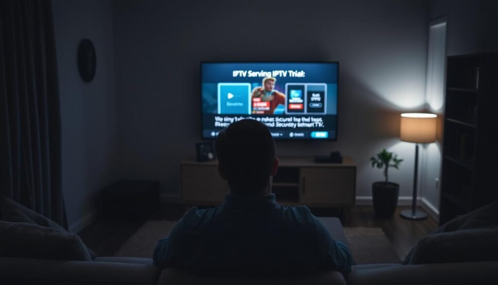 A dimly lit living room, a person sitting on a couch intently watching a Smart TV displaying the BestSmartIPTV app interface. The room is filled with a sense of security and privacy, with subtle lighting and muted colors creating a calming atmosphere. The TV screen shows an IPTV free trial offer, suggesting the user's consideration of the service's security and privacy implications. The scene conveys the need to carefully evaluate the risks and benefits of IPTV trials before making a decision. A dimly lit living room, a person sitting on a couch intently watching a Smart TV displaying the BestSmartIPTV app interface. The room is filled with a sense of security and privacy, with subtle lighting and muted colors creating a calming atmosphere. The TV screen shows an IPTV free trial offer, suggesting the user's consideration of the service's security and privacy implications. The scene conveys the need to carefully evaluate the risks and benefits of IPTV trials before making a decision.