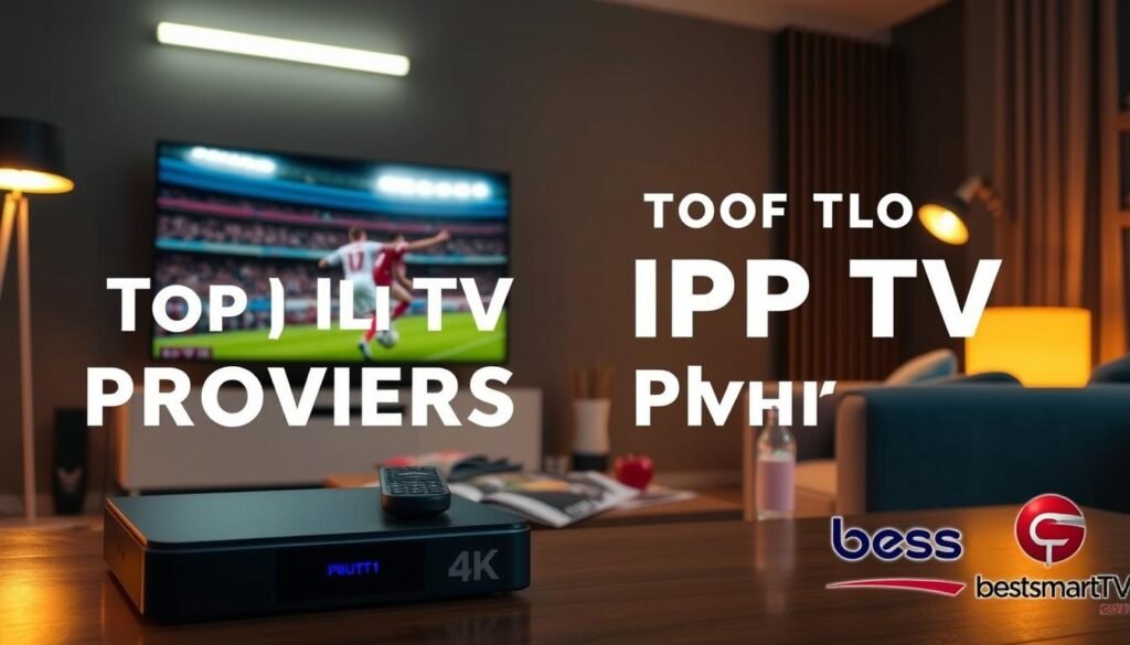 A sleek and modern image showcasing the top IPTV providers in the UK for 2025. Set in a living room with a large 4K smart TV displaying a live football match, the scene is bathed in warm lighting from floor lamps and a wall-mounted LED light fixture. In the foreground, a high-end streaming device, presumably the "bestsmartiptv" brand, is prominently displayed, surrounded by remote controls and other home entertainment accessories. The middle ground features a cozy sofa and a coffee table with magazines and snacks, creating a comfortable viewing experience. The background subtly hints at the provider's branding and logos, blending seamlessly into the overall aesthetic. A sleek and modern image showcasing the top IPTV providers in the UK for 2025. Set in a living room with a large 4K smart TV displaying a live football match, the scene is bathed in warm lighting from floor lamps and a wall-mounted LED light fixture. In the foreground, a high-end streaming device, presumably the "bestsmartiptv" brand, is prominently displayed, surrounded by remote controls and other home entertainment accessories. The middle ground features a cozy sofa and a coffee table with magazines and snacks, creating a comfortable viewing experience. The background subtly hints at the provider's branding and logos, blending seamlessly into the overall aesthetic.