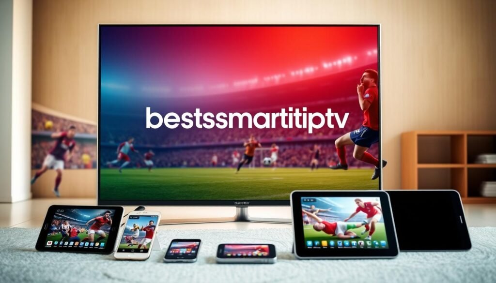 A sleek, modern flat-screen smart TV prominently displayed, showcasing the bestsmartiptv brand name. In the foreground, various mobile devices such as smartphones and tablets are arranged, all connected and streaming live sports content. The background features a lively football match, with players in action and the crowd cheering. The lighting is bright and clean, with a warm, inviting color palette. The overall composition conveys a sense of seamless device compatibility and multi-screen support for the ultimate IPTV viewing experience. A sleek, modern flat-screen smart TV prominently displayed, showcasing the bestsmartiptv brand name. In the foreground, various mobile devices such as smartphones and tablets are arranged, all connected and streaming live sports content. The background features a lively football match, with players in action and the crowd cheering. The lighting is bright and clean, with a warm, inviting color palette. The overall composition conveys a sense of seamless device compatibility and multi-screen support for the ultimate IPTV viewing experience.